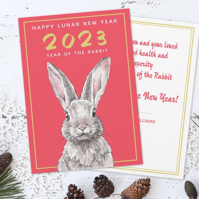 Tarjeta Festiva Conejo Año Nuevo Chino 2023 Bunny Animal art Red (Subido por el creador)