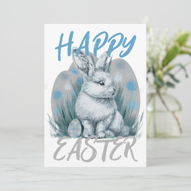 Tarjeta Festiva conejo azul de Pascua (Anverso de pie)