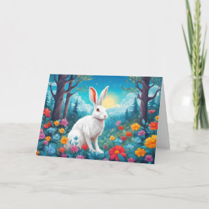 Tarjeta Festiva Conejo Blanco con Flores del Bosque Naturaleza