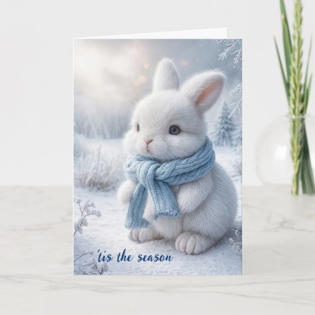 Tarjeta Festiva Conejo Blanco De Invierno Para Navidades (Anverso)