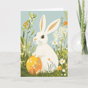 Tarjeta Festiva Conejo blanco de Pascua de prado primaveral