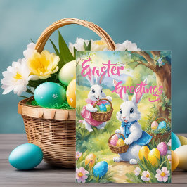 Tarjeta Festiva Conejo blanco feliz de Pascua con huevos