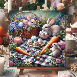 Tarjeta Festiva Conejo Caprichoso Pícnic de Pascua Flores Rosadas