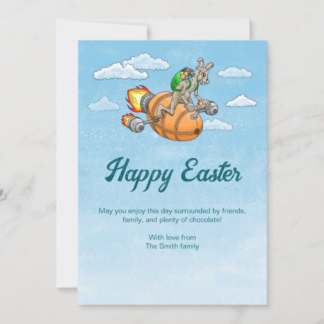 Tarjeta Festiva Conejo Cohete de Pascua (Anverso)