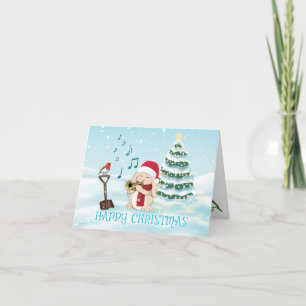 Tarjeta Festiva Conejo con trompeta de trompeta en nieve con Robin