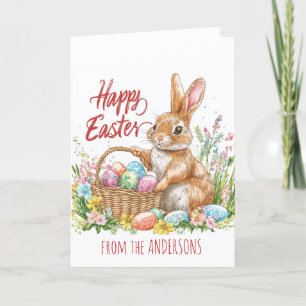 Tarjeta Festiva Conejo con una canasta llena de huevos de Pascua