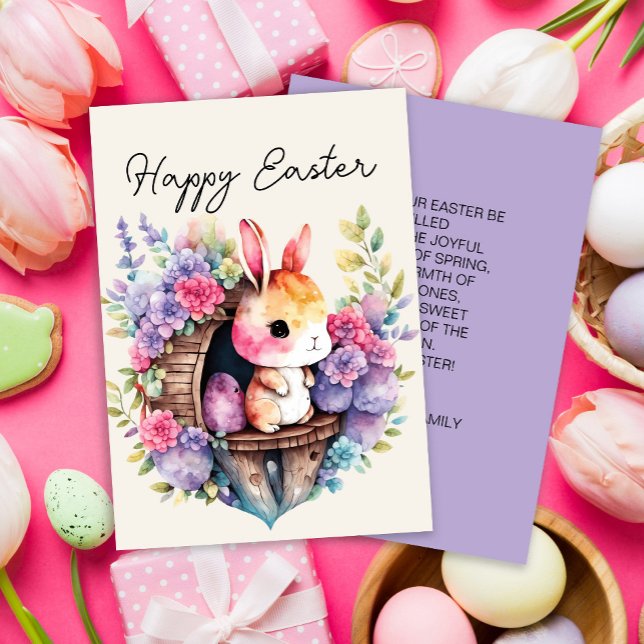 Tarjeta Festiva Conejo Conejo Conejo Conejo Conejo Conejo Feliz Pa (Cute Easter bunny with pink and purple flowers greeting card)
