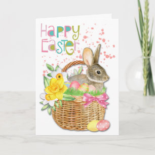 Tarjeta Festiva Conejo Daffodil en la cesta de huevos de Pascua