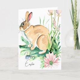 Tarjeta Festiva Conejo de acuarela en jardín de flores personaliza