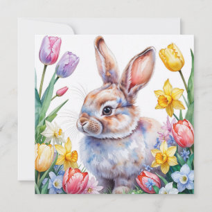Tarjeta Festiva Conejo de acuarela y flores de primavera 