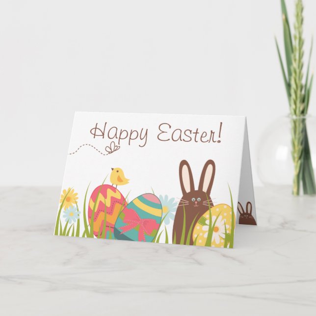 Tarjeta Festiva Conejo de chocolate y huevos de Pascua Feliz Pascu (Anverso)