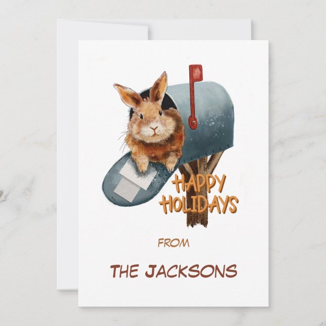 Tarjeta Festiva Conejo de Felices Fiestas en un Buzón  (Anverso)