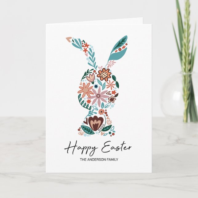 Tarjeta Festiva Conejo de flores Feliz Pascua (Anverso)