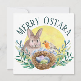 Tarjeta Festiva Conejo de Ostara de primavera y nido de pájaro ale