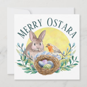 Tarjeta Festiva Conejo de Ostara de primavera y nido de pájaro ale