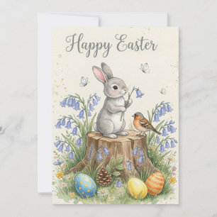 Tarjeta Festiva Conejo de Pascua acuarela en prado de primavera
