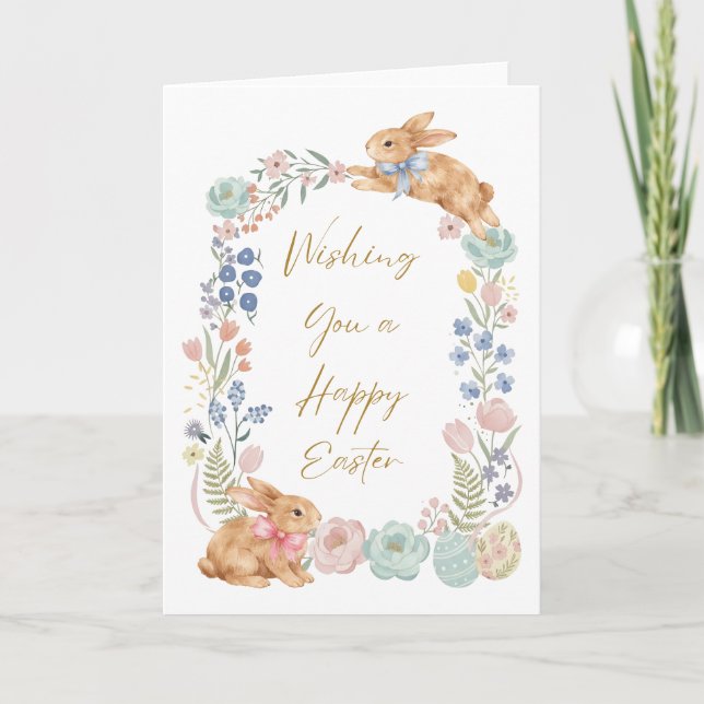 Tarjeta Festiva Conejo de Pascua Acuarela Floral (Anverso)