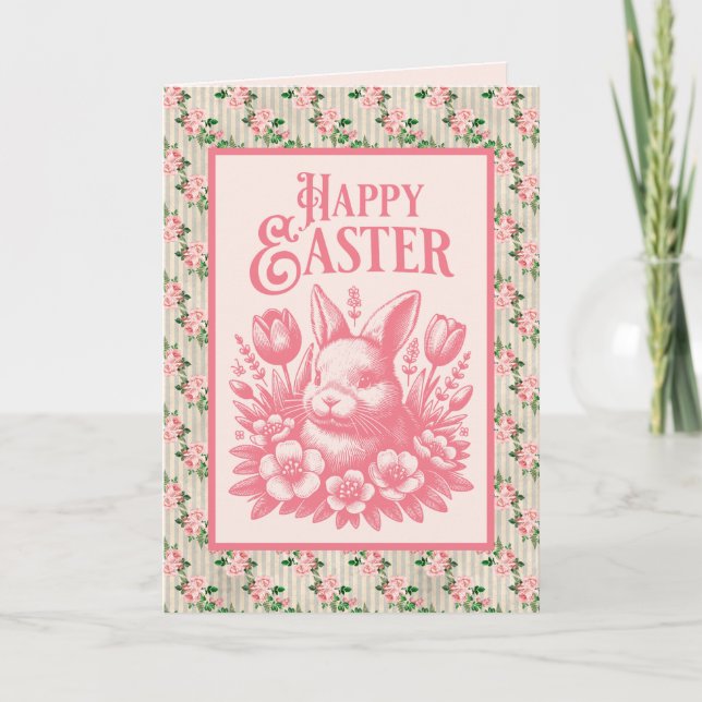 Tarjeta Festiva Conejo de Pascua Antiguo Rosa (Anverso)
