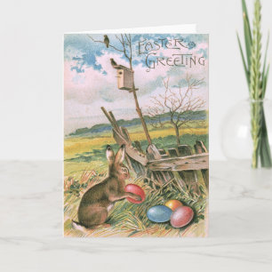 Tarjeta Festiva Conejo de Pascua Casa de Pájaros de Huevo de Color