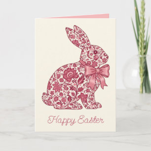 Tarjeta Festiva Conejo de Pascua Chinoiserie Rosa y Crema