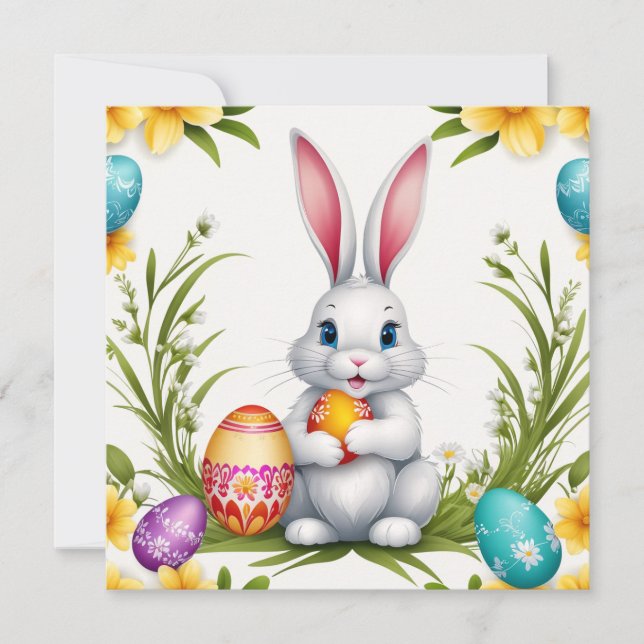 Tarjeta Festiva Conejo de Pascua con canasta de huevos (Anverso)