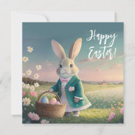 Tarjeta Festiva Conejo de Pascua con chaqueta azul