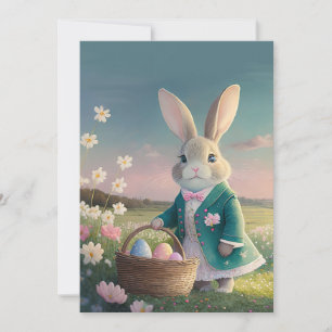 Tarjeta Festiva Conejo de Pascua con chaqueta azul