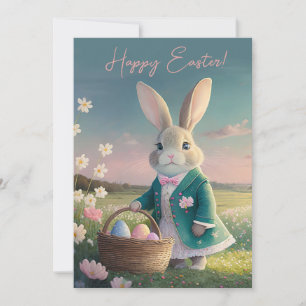 Tarjeta Festiva Conejo de Pascua con chaqueta azul