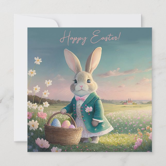 Tarjeta Festiva Conejo de Pascua con chaqueta azul (Anverso)