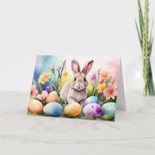 Tarjeta Festiva Conejo de Pascua con flores de primavera, huevos p
