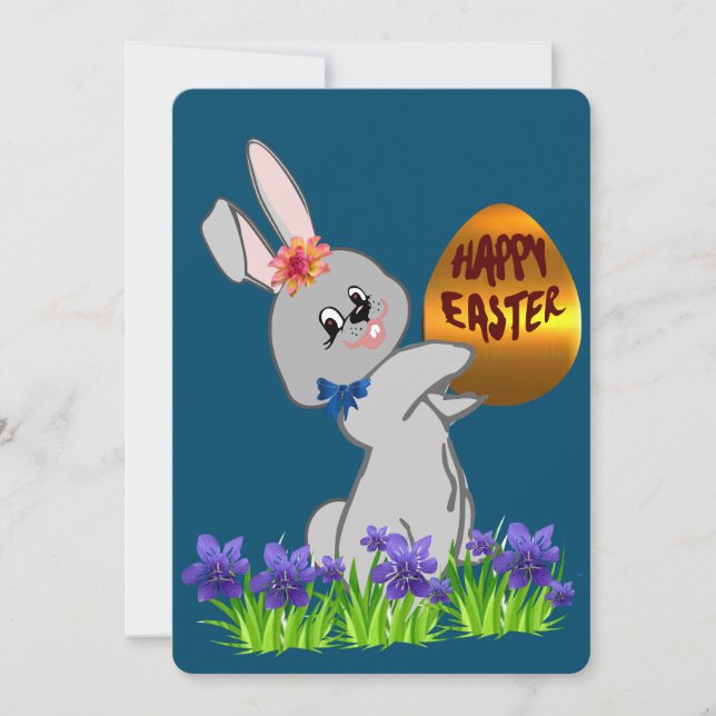 Tarjeta Festiva Conejo de Pascua con huevo de oro (Anverso)