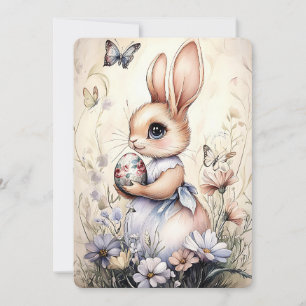 Tarjeta Festiva Conejo de Pascua con huevo en flores silvestres