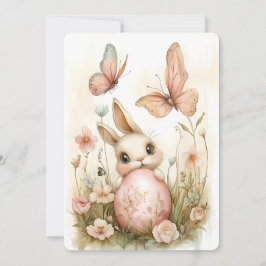 Tarjeta Festiva Conejo de Pascua con mariposas y flores