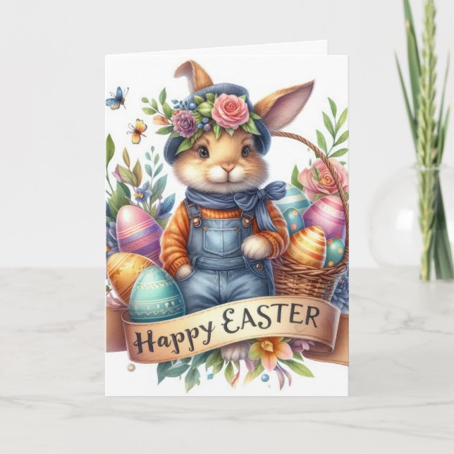 Tarjeta Festiva Conejo de Pascua Cute Overalls Ilustracion (Anverso)