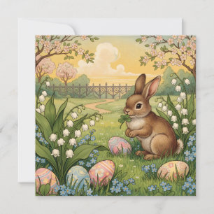 Tarjeta Festiva Conejo de Pascua en el jardín con lirio de valle