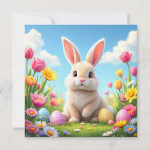 Tarjeta Festiva Conejo de Pascua en un prado de flores