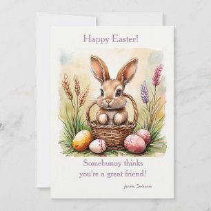 Tarjeta Festiva Conejo de Pascua en una canasta