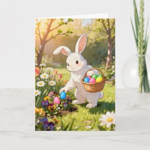 Tarjeta Festiva Conejo de Pascua escondiendo huevos en un jardín