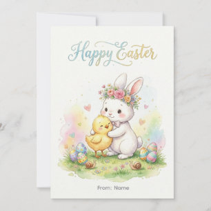 Tarjeta Festiva Conejo de Pascua Feliz y Abrazo de Pollito
