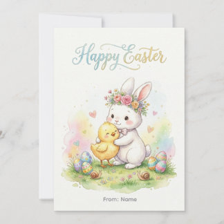 Tarjeta Festiva Conejo de Pascua Feliz y Abrazo de Pollito