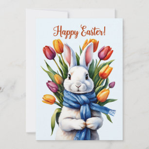 Tarjeta Festiva Conejo de Pascua feliz y flores de tulipán 