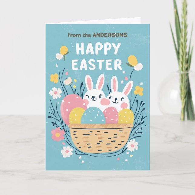 Tarjeta Festiva Conejo de Pascua feliz y huevos (Anverso)
