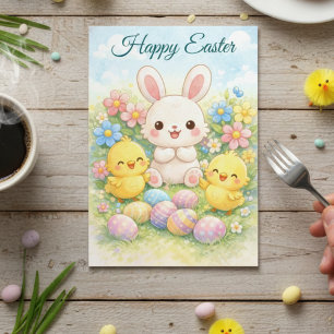 Tarjeta Festiva Conejo de Pascua Feliz y Pollitos Pastel Adorable