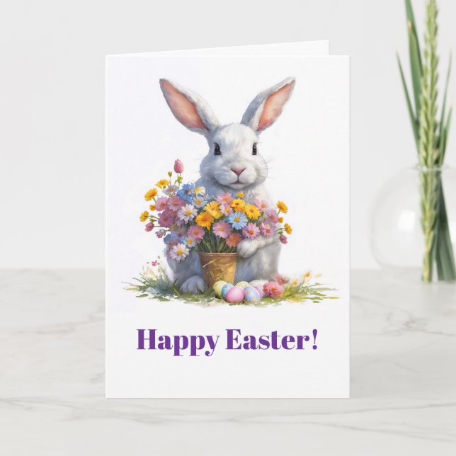 Tarjeta Festiva Conejo de Pascua Flores de primavera en flores (Anverso)