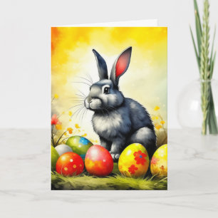 Tarjeta Festiva Conejo de Pascua gris y blanco impresionista