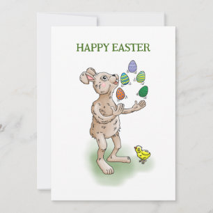 Tarjeta Festiva Conejo de Pascua haciendo malabares