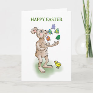 Tarjeta Festiva Conejo de Pascua haciendo malabares