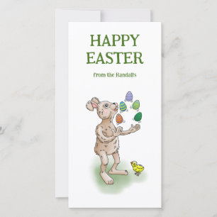 Tarjeta Festiva Conejo de Pascua haciendo malabares