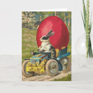 Tarjeta Festiva Conejo de Pascua Paisaje de Coche de Huevo