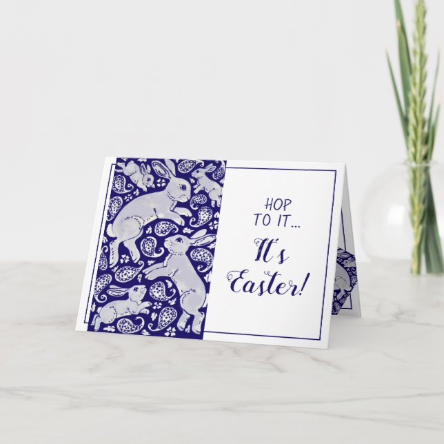 Tarjeta Festiva Conejo de Pascua Paisley Conejo Único Azul y Blanc (Anverso)